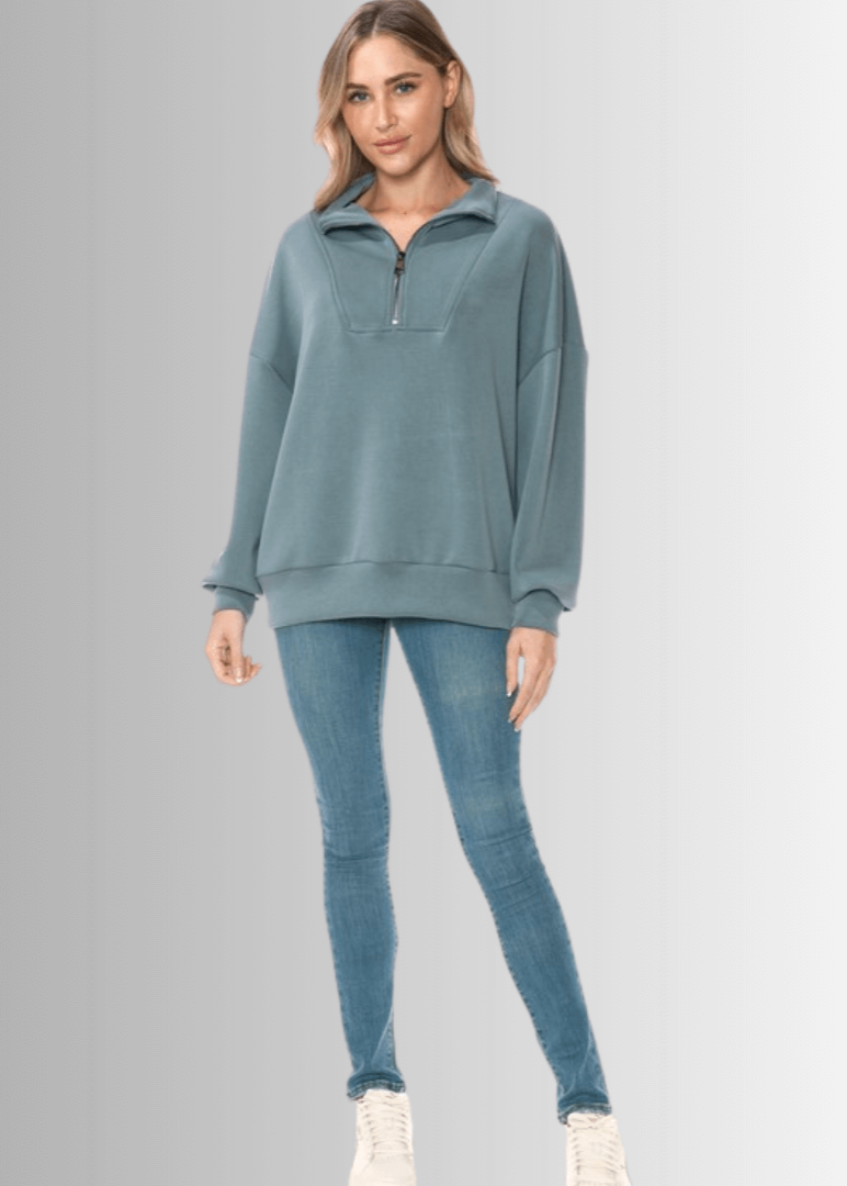 Made in USA Half Zip Women's Relaxed Fit Pullover in Slate Blue Compare to Lululemon Scuba Line | Classy Cozy Cool Made in America Boutique