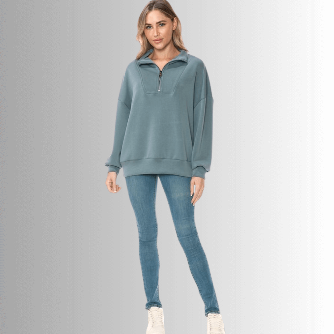 Made in USA Half Zip Women's Relaxed Fit Pullover in Slate Blue Compare to Lululemon Scuba Line | Classy Cozy Cool Made in America Boutique