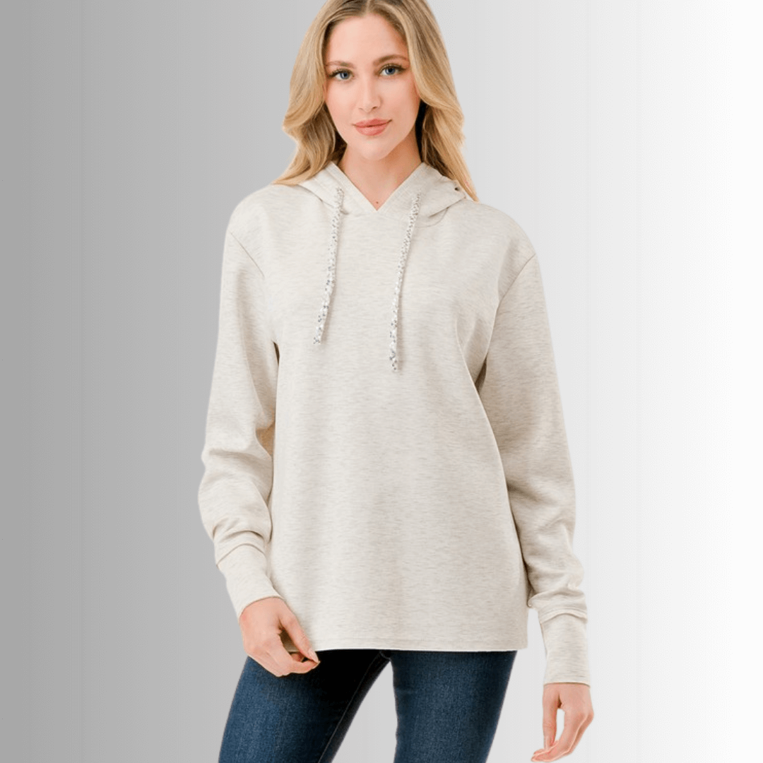 Made in USA Women's Super Soft Relaxed Fit Hoodie with Sequin Drawstring, Material Compares to LuLulemon Scuba Line in Heather Oatmeal