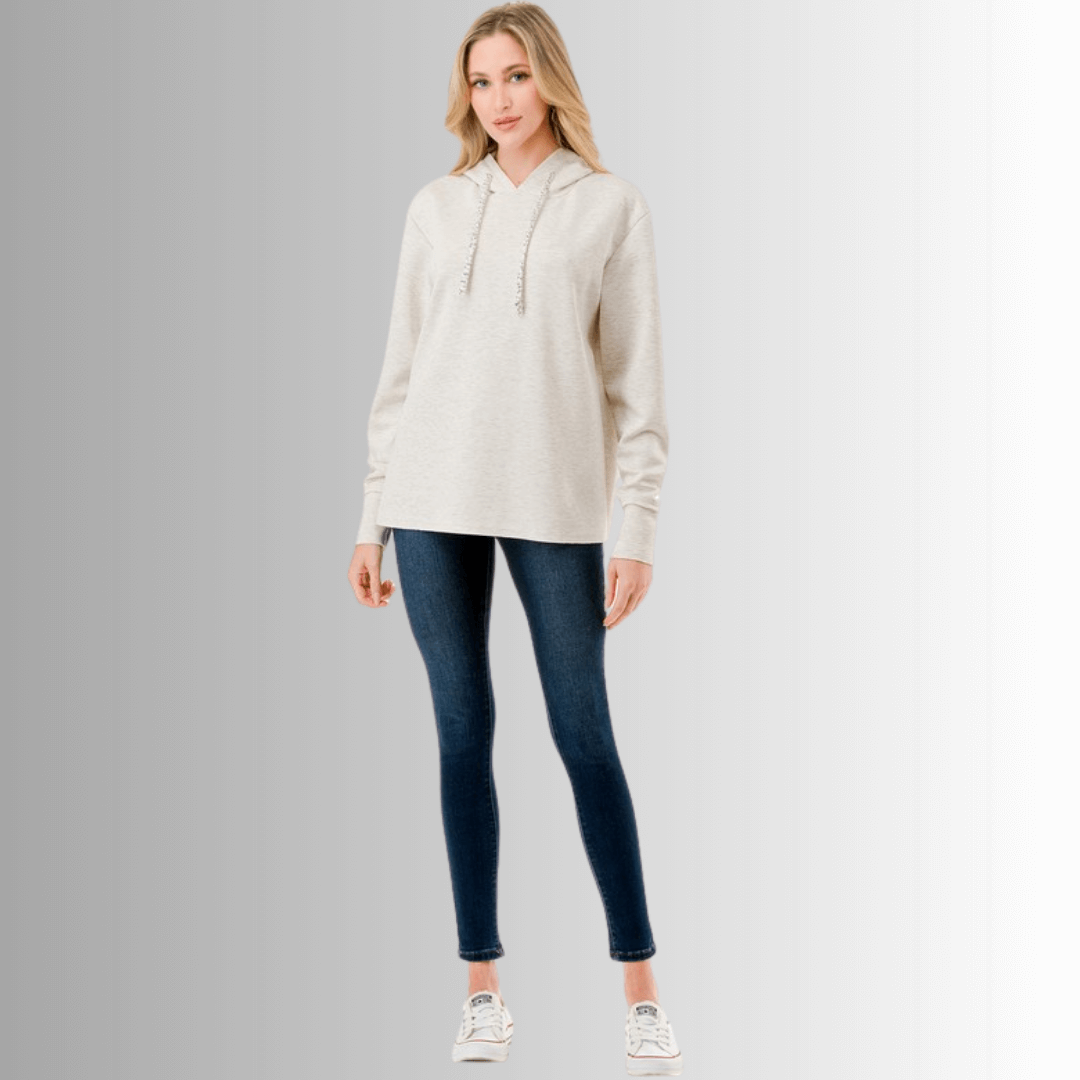 Made in USA Women's Super Soft Relaxed Fit Hoodie with Sequin Drawstring, Material Compares to LuLulemon Scuba Line in Heather Oatmeal