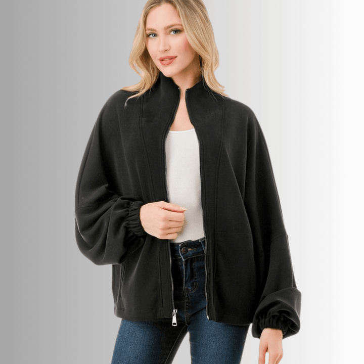 Made in USA Women's Super Soft Relaxed Fit Zip Front Jacket, Material Compares to LuLulemon Scuba Line, Wrinkle Resistant, Medium Weight Material, Side Pockets in Black