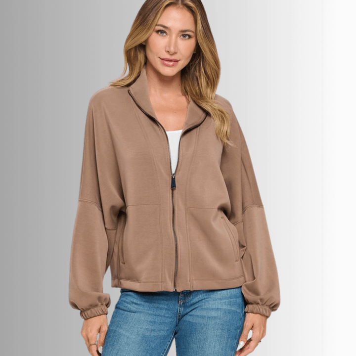 Made in USA Women's Super Soft Relaxed Fit Zip Front Jacket, Material Compares to LuLulemon Scuba Line, Wrinkle Resistant, Medium Weight Material, Side Pockets in Brown