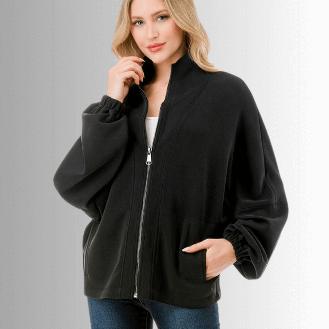 Made in USA Women's Super Soft Relaxed Fit Zip Front Jacket, Material Compares to LuLulemon Scuba Line, Wrinkle Resistant, Medium Weight Material, Side Pockets in Black