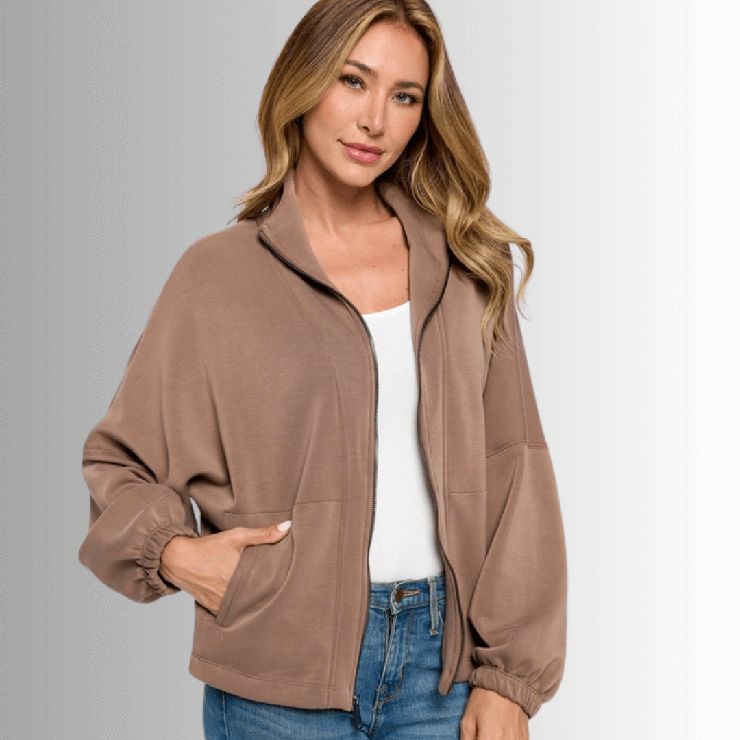 Made in USA Women's Super Soft Relaxed Fit Zip Front Jacket, Material Compares to LuLulemon Scuba Line, Wrinkle Resistant, Medium Weight Material, Side Pockets in Brown