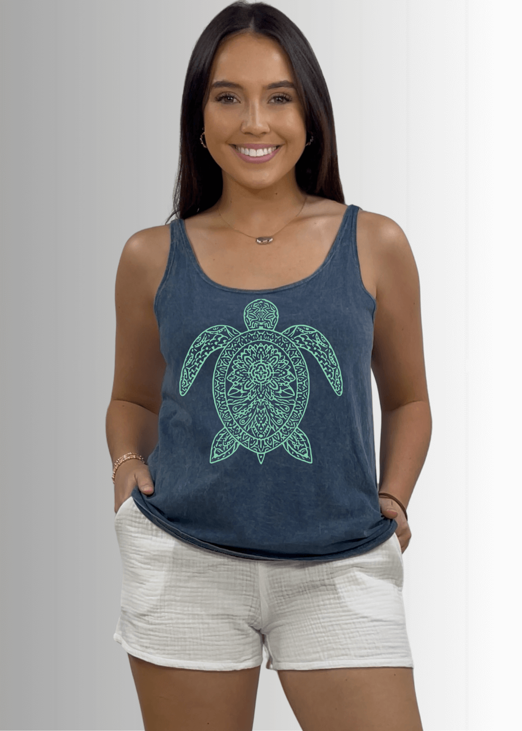 Made in USA Women's Mint Green Sea Turtle Graphic on Sustainable Durable Premium America-made Cotton Dark Grey Blue Denim Tank Top, Mineral Washed Vintage Look | Classy Cozy Cool Made in USA Boutique