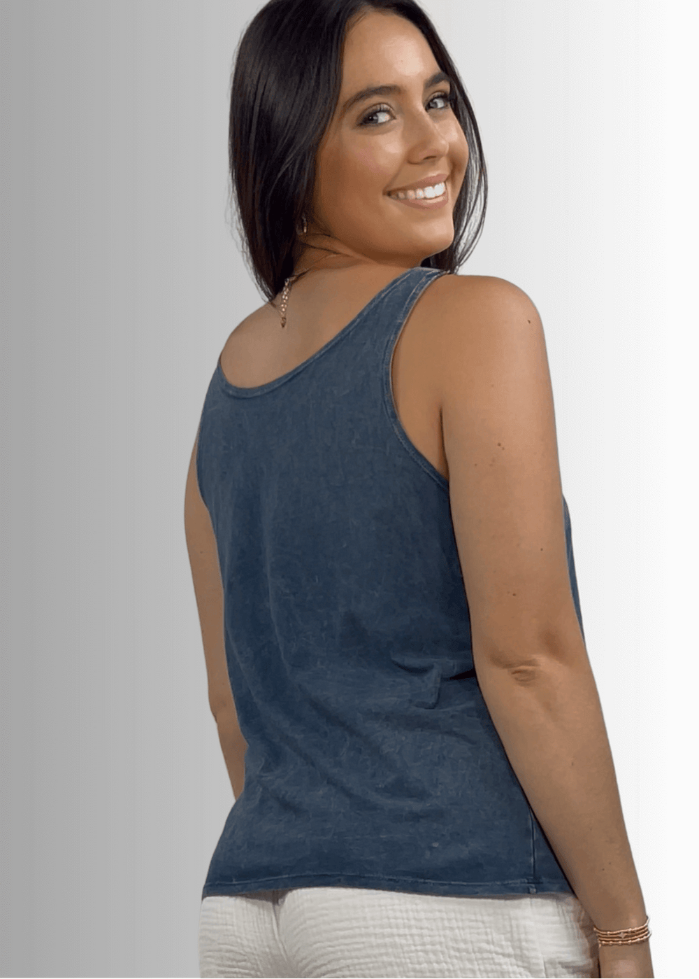 Made in USA Women's Mint Green Sea Turtle Graphic on Sustainable Durable Premium America-made Cotton Dark Grey Blue Denim Tank Top, Mineral Washed Vintage Look | Classy Cozy Cool Made in USA Boutique