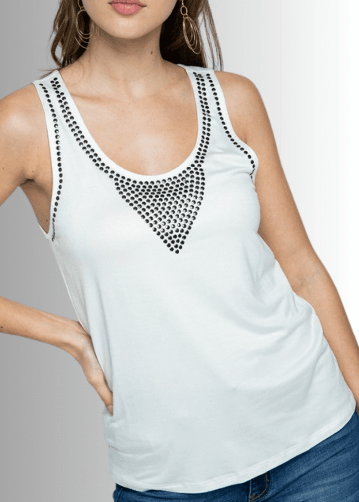 Made in USA Women's Studded Tank Top, Round Scoop Neck, Perfect for Layering Available in Off White, Heather Gray, and Black, Lightweight, Studded Detail, 95% Rayon 5% Spandex Style 18544T 