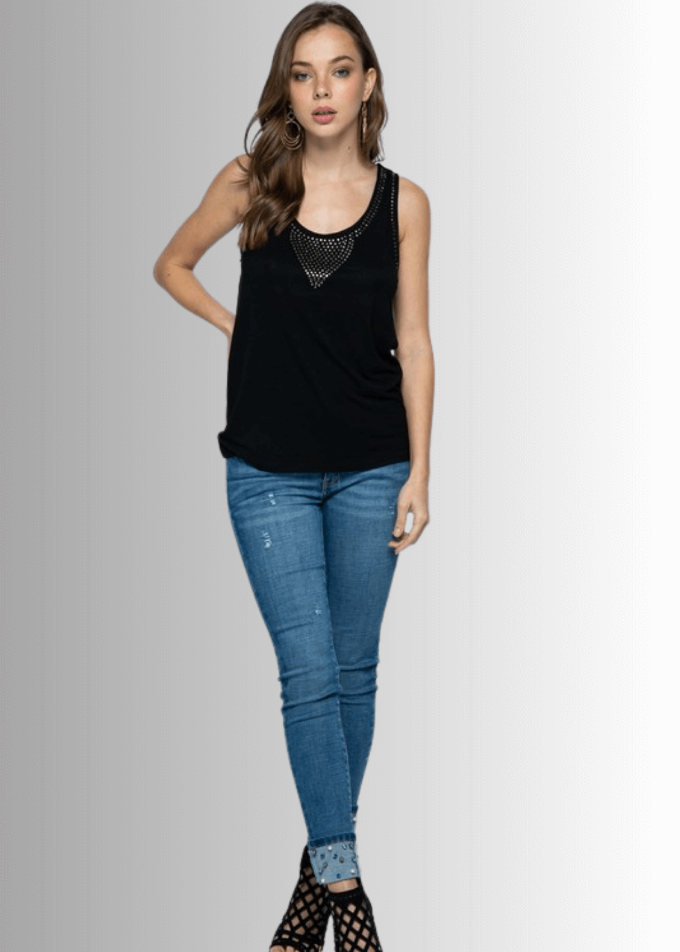 Made in USA Women's Studded Tank Top, Round Scoop Neck, Perfect for Layering Available in Off White, Heather Gray, and Black, Lightweight, Studded Detail, 95% Rayon 5% Spandex Style 18544T 