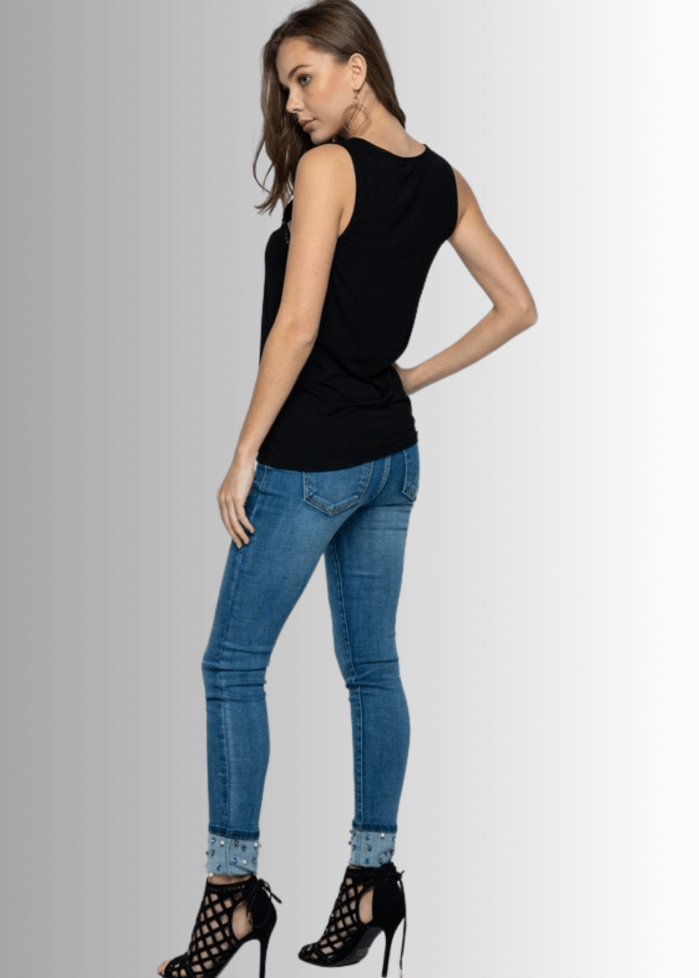 Made in USA Women's Studded Tank Top, Round Scoop Neck, Perfect for Layering Available in Off White, Heather Gray, and Black, Lightweight, Studded Detail, 95% Rayon 5% Spandex Style 18544T 