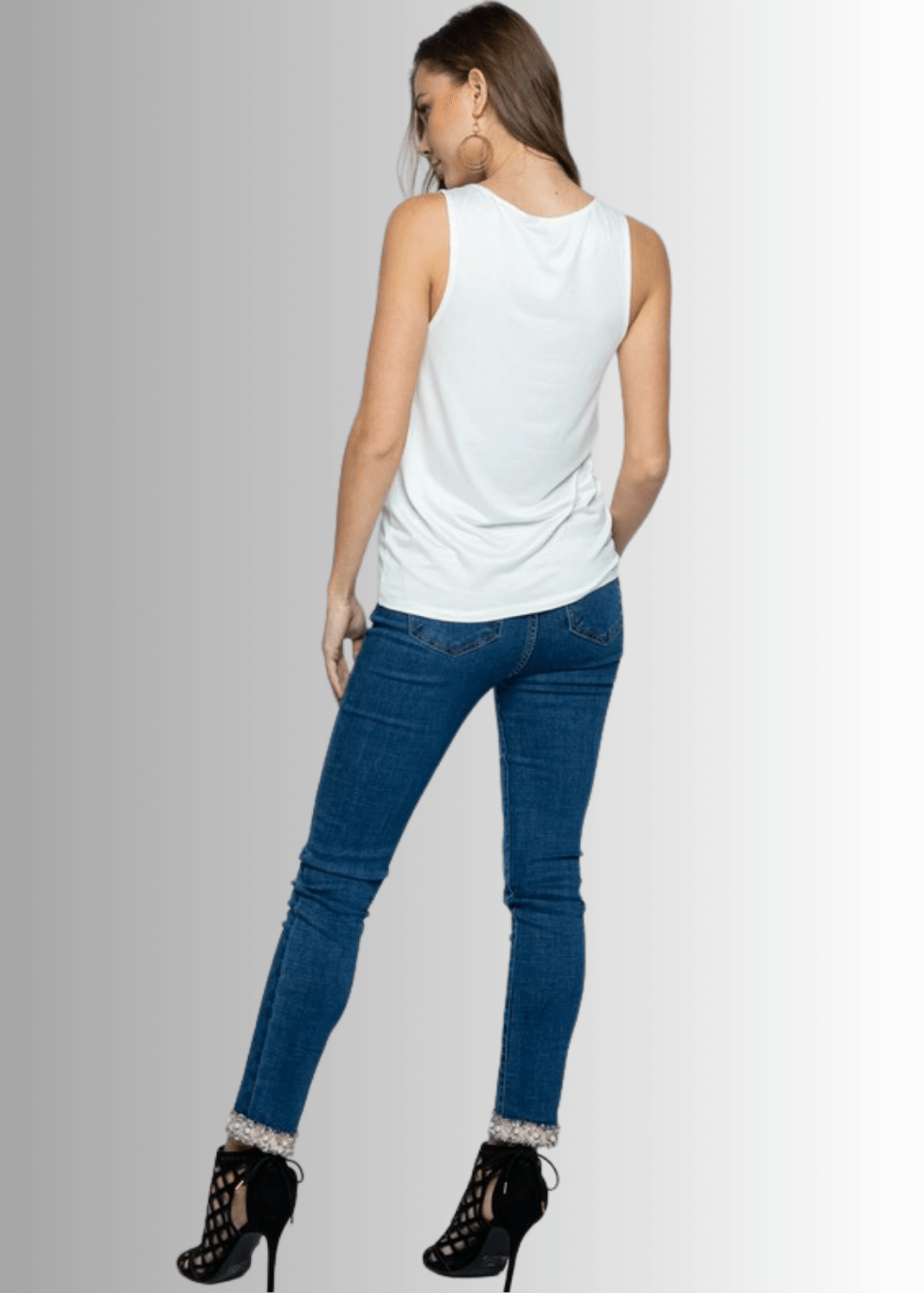 Made in USA Women's Studded Tank Top, Round Scoop Neck, Perfect for Layering Available in Off White, Heather Gray, and Black, Lightweight, Studded Detail, 95% Rayon 5% Spandex Style 18544T 