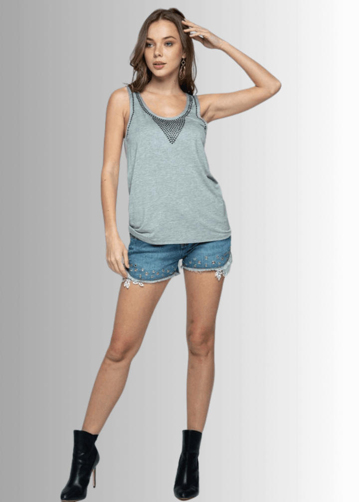 Made in USA Women's Studded Tank Top, Round Scoop Neck, Perfect for Layering Available in Off White, Heather Gray, and Black, Lightweight, Studded Detail, 95% Rayon 5% Spandex Style 18544T 