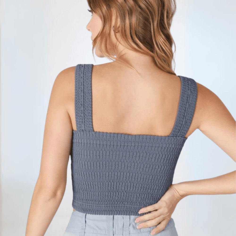 Made in USA | Niki Biki Style NS8255 | Women's Square Neckline Shirred Stretch Material Light Support in Shadow Blue - Comfortably fits sizes 4-12 Fabric 92% NYLON 8% SPANDEX
