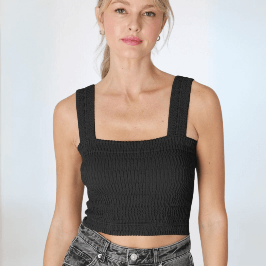 Made in USA | Niki Biki Style NS8255 | Women's Square Neckline Shirred Stretch Material Light Support in Black - Comfortably fits sizes 4-12 Fabric 92% NYLON 8% SPANDEX