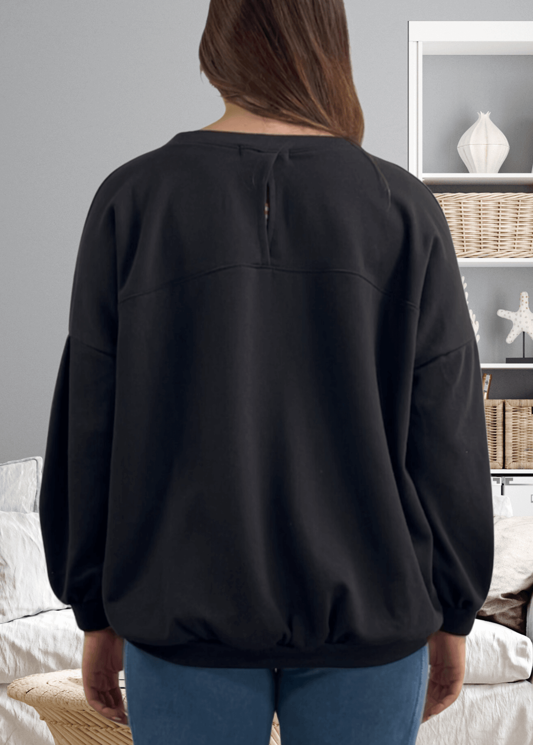 Elevate your cozy game with the "Six Seven" sweatshirt—a playful oversized essential that's anything but basic, in black with white graphic.  This medium-weight French terry piece features a bold graphic on black, paired with a chic keyhole cutout at the back for unexpected flair. Made in USA