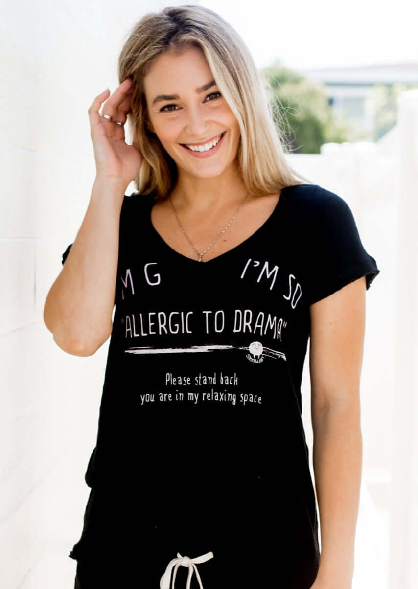 Sleepaholik Allergic to Drama Graphic Black V-Neck Lounge Tee | Made in USA | Soft Vintage Washed Cotton | Classy Cozy Cool Women's Made in America Clothing Boutique