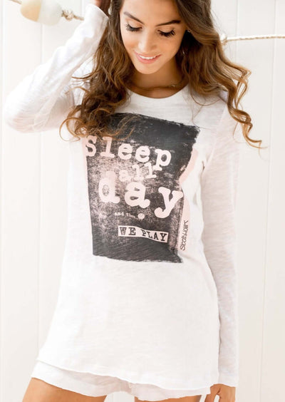 Sleepaholik Ladies "Sleep all Day" Graphic White Cotton Long Sleeve Loungewear Tee | Made in USA | Classy Cozy Cool Women's Made in America Clothing Boutique