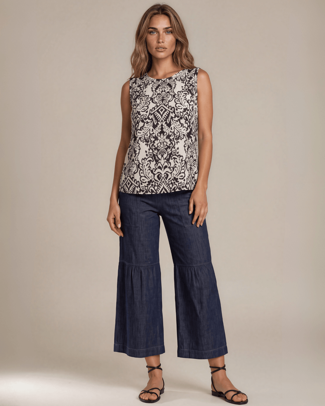 Black &amp; Cream Damask Sleeveless Top. Boat neckline, lightweight rayon linen blend, longer in back. S–XL. Made in USA.