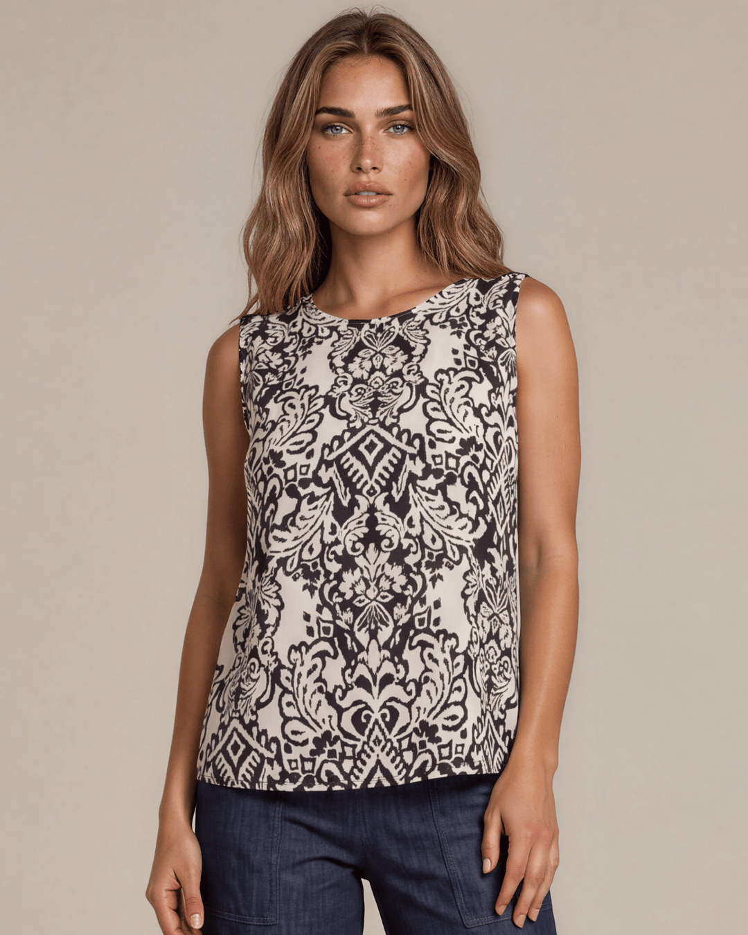 Black & Cream Damask Sleeveless Top. Boat neckline, lightweight rayon linen blend, longer in back. S–XL. Made in USA.