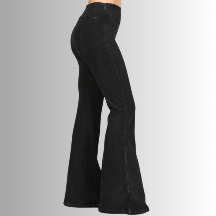 Made in USA Women's Slimming Mineral Washed Flared Pants, Jeggings in Denim Black |  Made with USA Cotton | Classy Cozy Cool Made in America Boutique