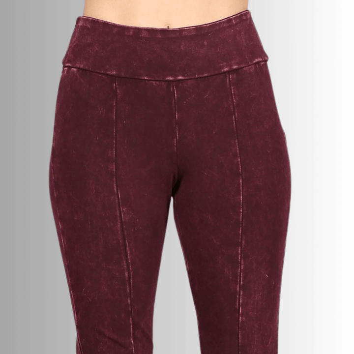 Made in USA Women's Slimming Mineral Washed Flared Pants, Jeggings in Mineral Washed Burgundy |  Made with USA Cotton | Classy Cozy Cool Made in America Boutique