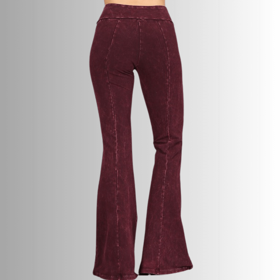 Made in USA Women's Slimming Mineral Washed Flared Pants, Jeggings in Mineral Washed Burgundy |  Made with USA Cotton | Classy Cozy Cool Made in America Boutique