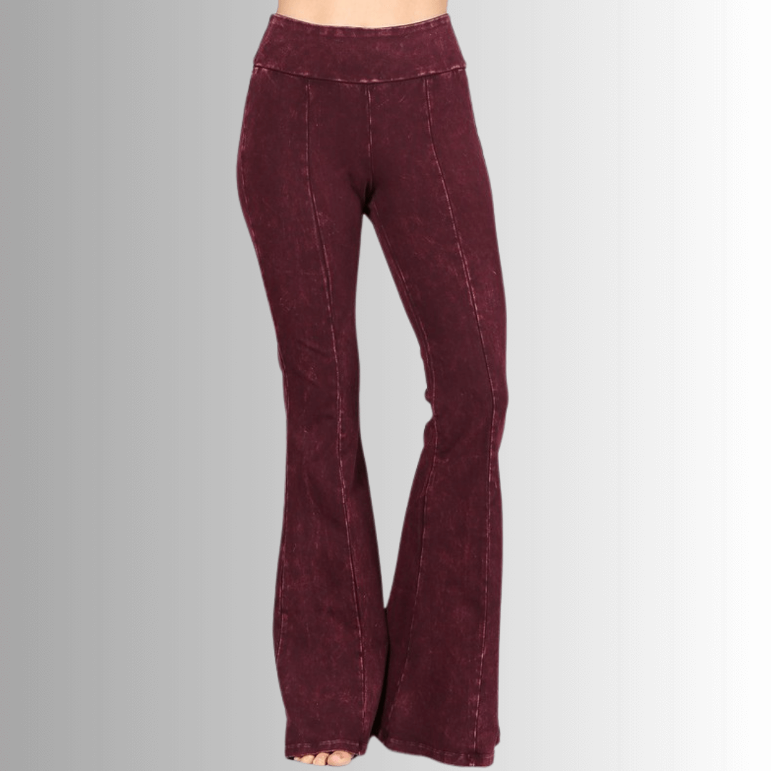 Made in USA Women's Slimming Mineral Washed Flared Pants, Jeggings in Mineral Washed Burgundy |  Made with USA Cotton | Classy Cozy Cool Made in America Boutique