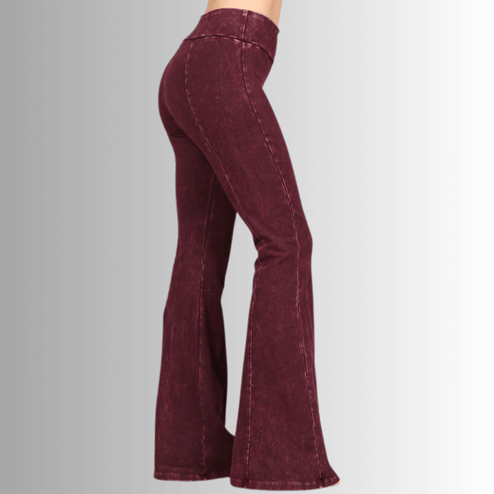 Made in USA Women's Slimming Mineral Washed Flared Pants, Jeggings in Mineral Washed Burgundy |  Made with USA Cotton | Classy Cozy Cool Made in America Boutique