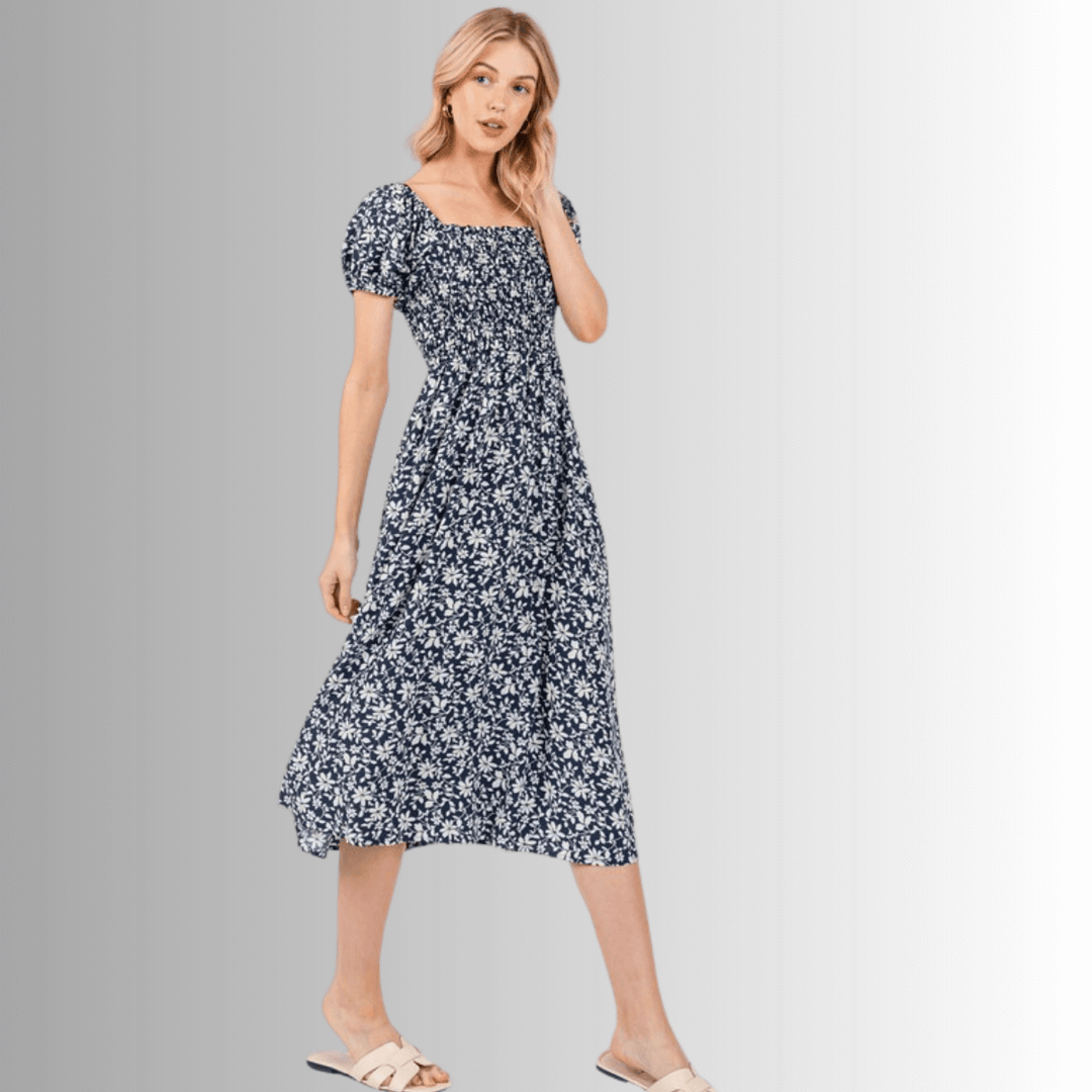 Made in USA Women's Floral Smocked Midi Dress, Short Sleeves, Square Neck, Smocked Bodice, Side Pockets, 100% Rayon Challis, Machine Wash | Classy Cozy Cool Made in America Boutique