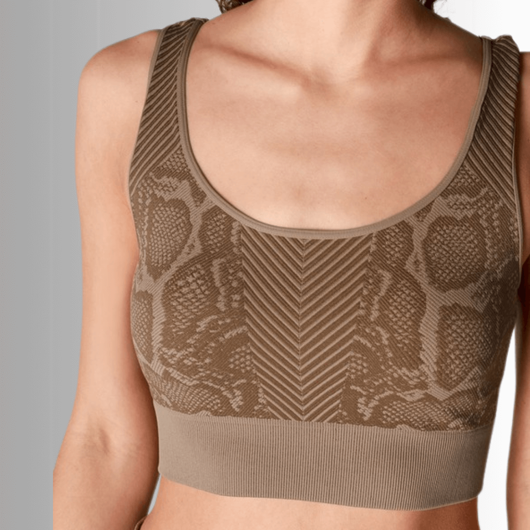 NikiBiki Mocha Snake Print Seamless Bra Top Made in USA with wide straps and snakeskin design. | Style# NS 7757 | Women's Made in America Clothing Boutique