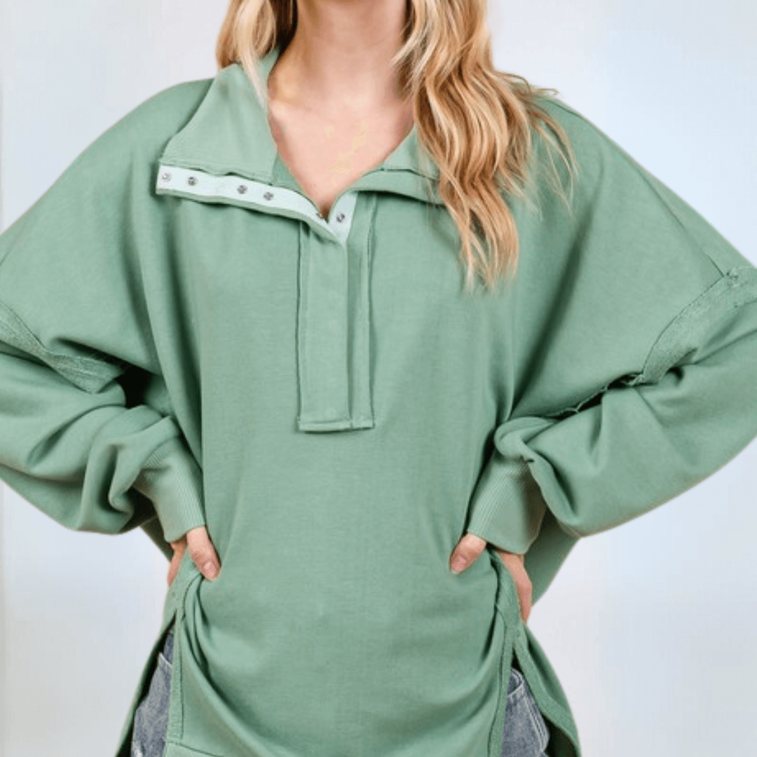 Made in USA Women's Snap Collar High Low Oversized Slouchy Tunic Sweatshirt with Side Slits Available in Sage Green and Heather Gray | Classy Cozy Cool Made in USA Boutique