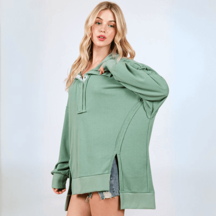 Made in USA Women's Snap Collar High Low Oversized Slouchy Tunic Sweatshirt with Side Slits Available in Sage Green and Heather Gray | Classy Cozy Cool Made in USA Boutique