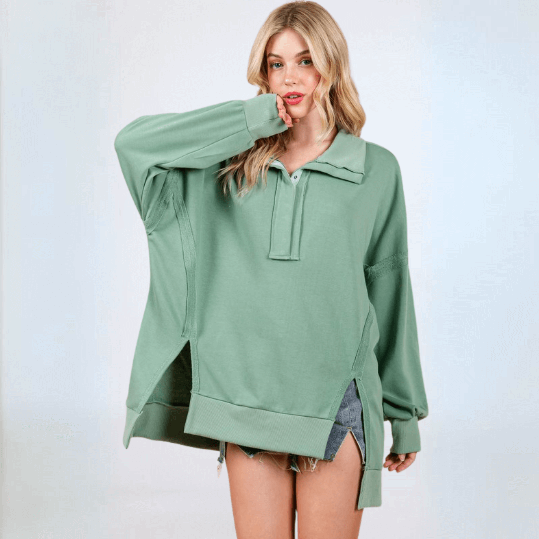 Made in USA Women's Snap Collar High Low Oversized Slouchy Tunic Sweatshirt with Side Slits Available in Sage Green and Heather Gray | Classy Cozy Cool Made in USA Boutique