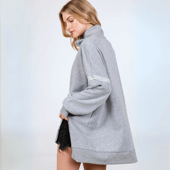 Made in USA Women's Snap Collar High Low Oversized Slouchy Tunic Sweatshirt with Side Slits Available in Sage Green and Heather Gray | Classy Cozy Cool Made in USA Boutique