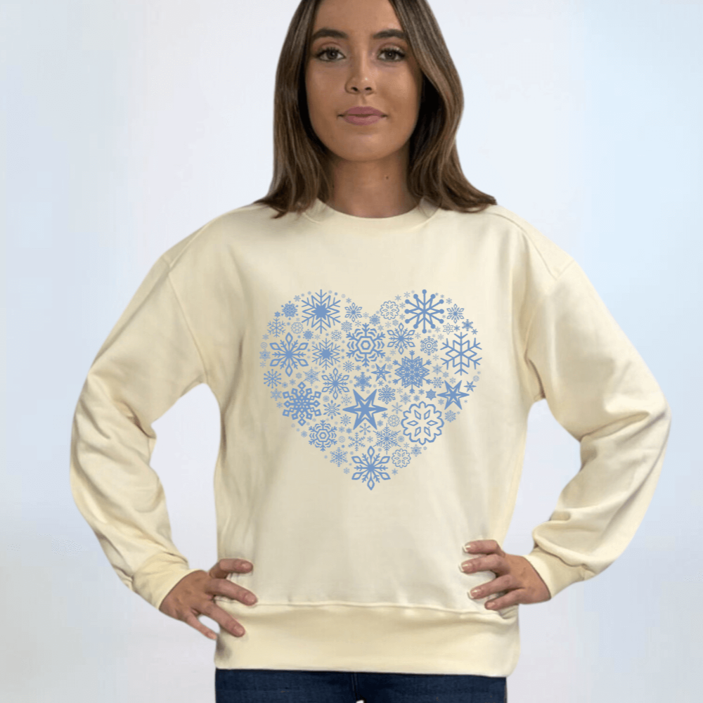 Made in USA Women's Cream Crew Neck Fleece Sweatshirt with Snowflake Heart Graphic, Heavyweight Cotton Fleece, Drop Shoulder, Relaxed Fit