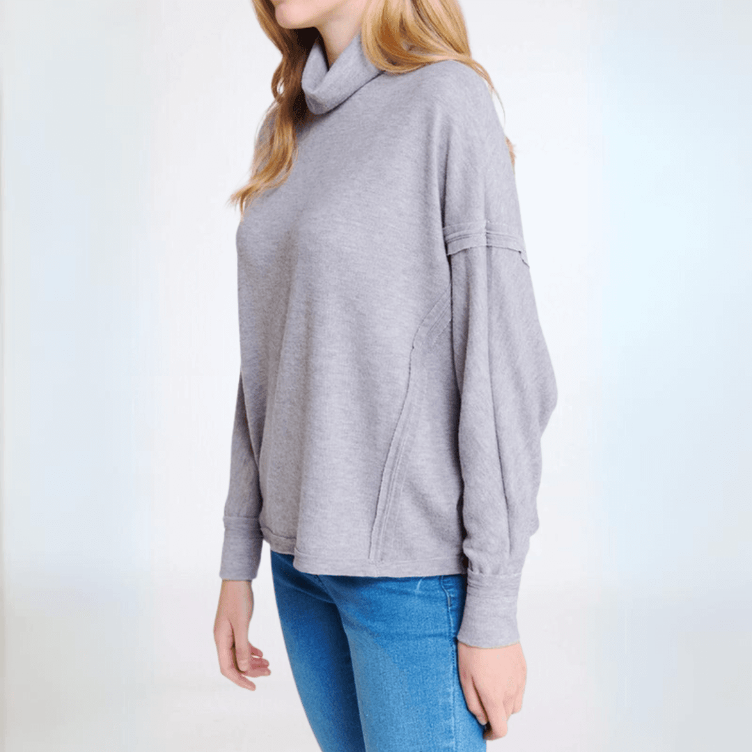 Made in USA Women's Light Grey Super Soft Turtle Neck Hacci Top with Raw Edge Inside Out Seams, Oversized Fit, Just Below Waist Length, Dolman Sleeves 