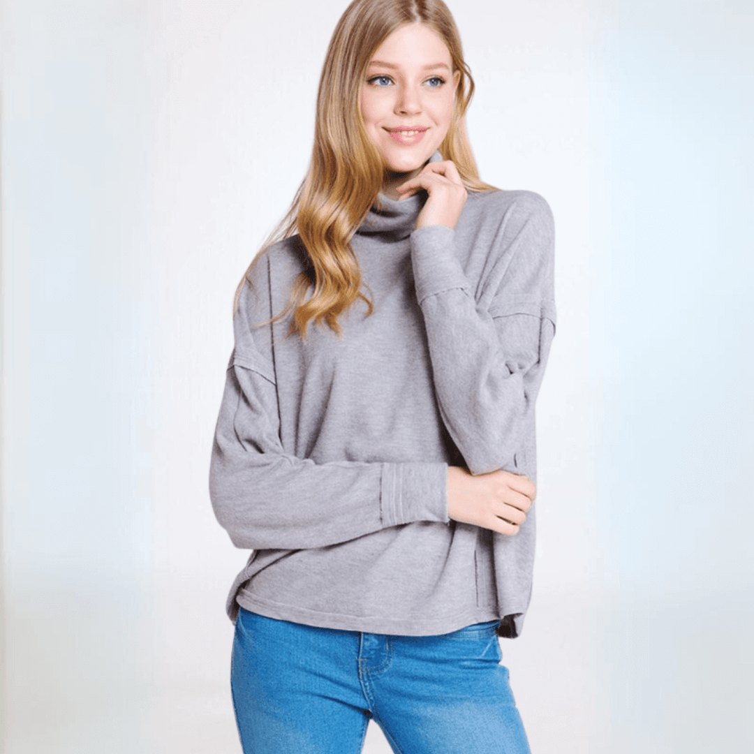 Made in USA Women's Light Grey Super Soft Turtle Neck Hacci Top with Raw Edge Inside Out Seams, Oversized Fit, Just Below Waist Length, Dolman Sleeves 