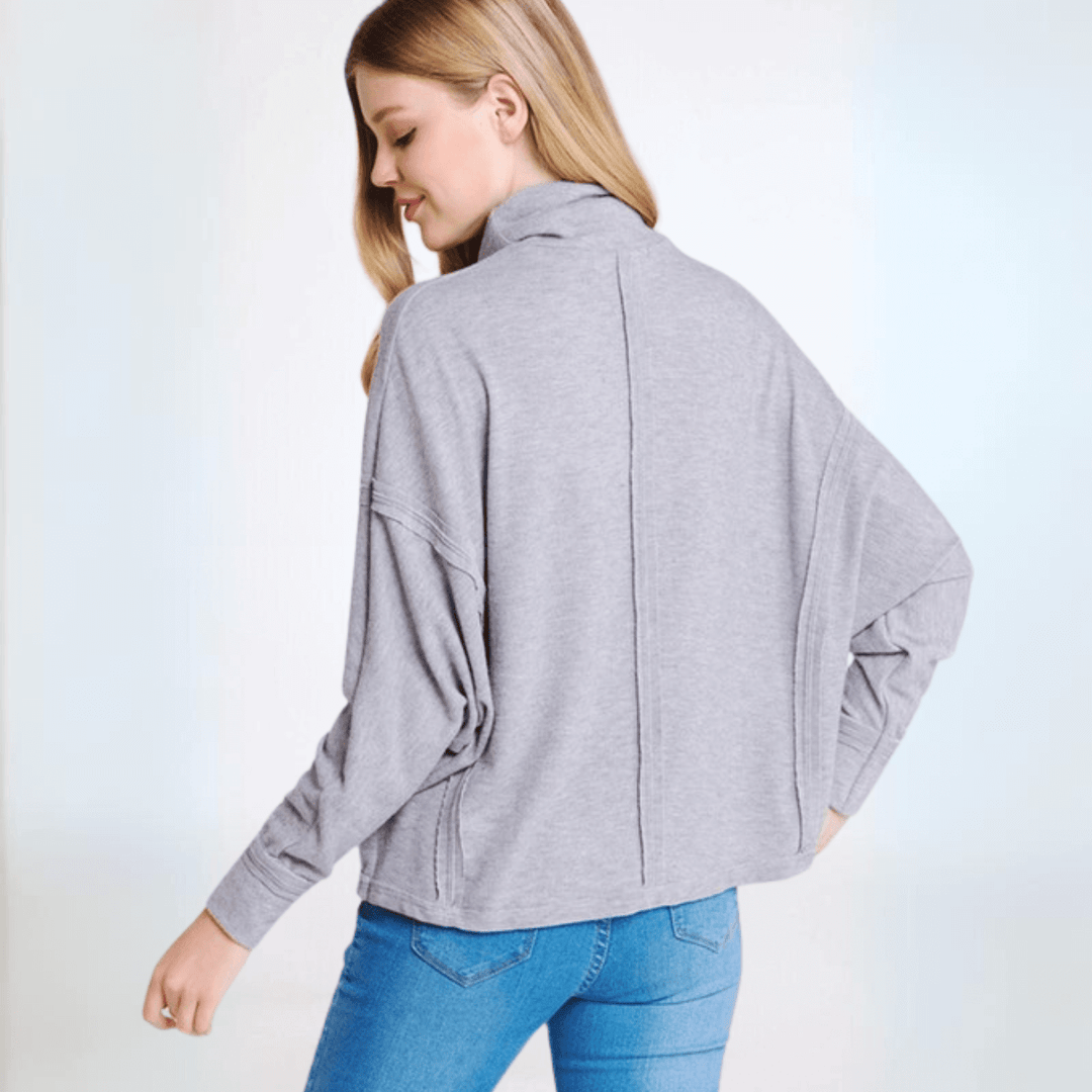 Made in USA Women's Light Grey Super Soft Turtle Neck Hacci Top with Raw Edge Inside Out Seams, Oversized Fit, Just Below Waist Length, Dolman Sleeves 