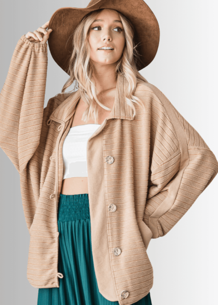 Brand: Bucket List | Made in USA |  Button Down Contrast Detail Lightweight Jacket in Camel | Style T1548 | Classy Cozy Cool Women's Clothing Boutique