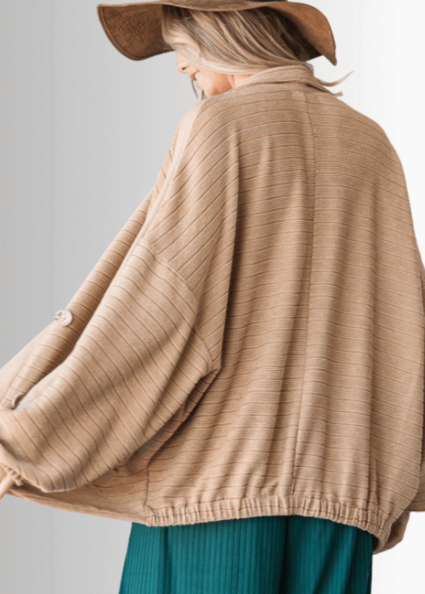 Brand: Bucket List | Made in USA |  Button Down Contrast Detail Lightweight Jacket in Camel | Style T1548 | Classy Cozy Cool Women's Clothing Boutique