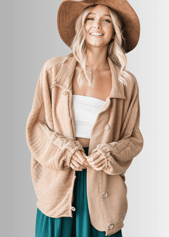 Brand: Bucket List | Made in USA |  Button Down Contrast Detail Lightweight Jacket in Camel | Style T1548 | Classy Cozy Cool Women's Clothing Boutique
