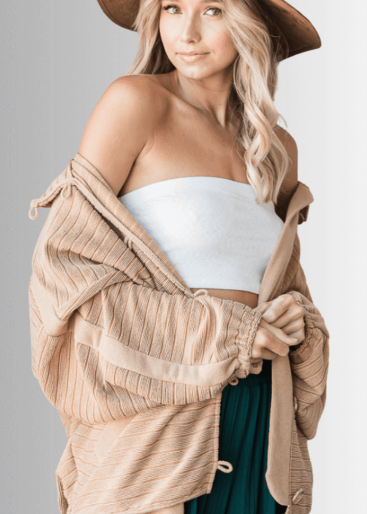 Brand: Bucket List | Made in USA |  Button Down Contrast Detail Lightweight Jacket in Camel | Style T1548 | Classy Cozy Cool Women's Clothing Boutique