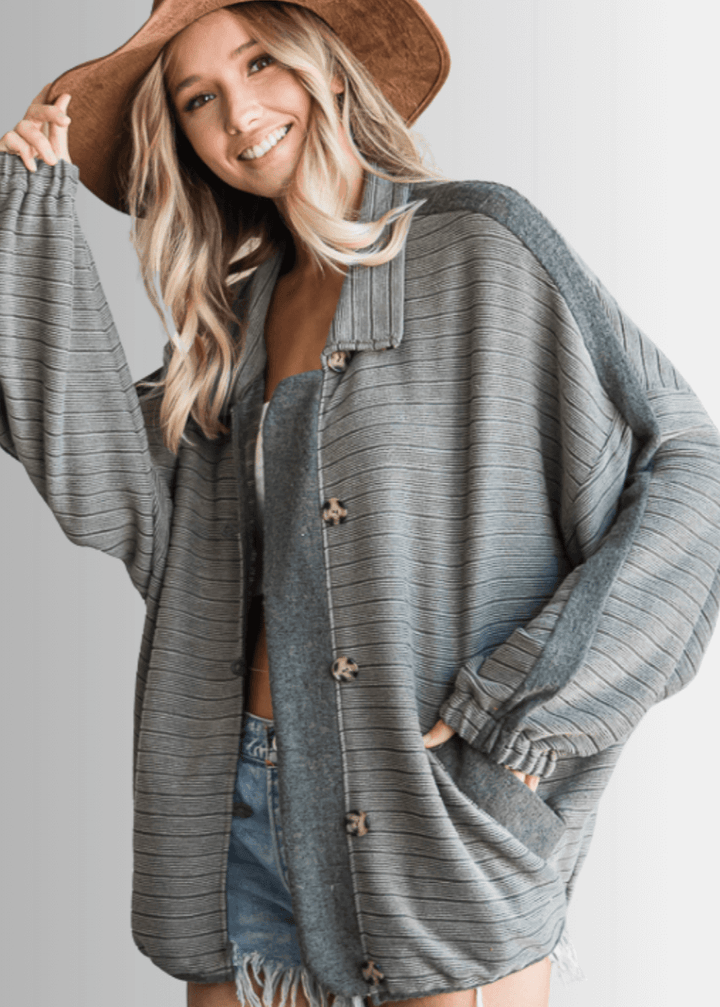 Brand: Bucket List | Made in USA | Olive Button Down Contrast Detail Lightweight Jacket T1548 | Classy Cozy Cool Women's Clothing Boutique