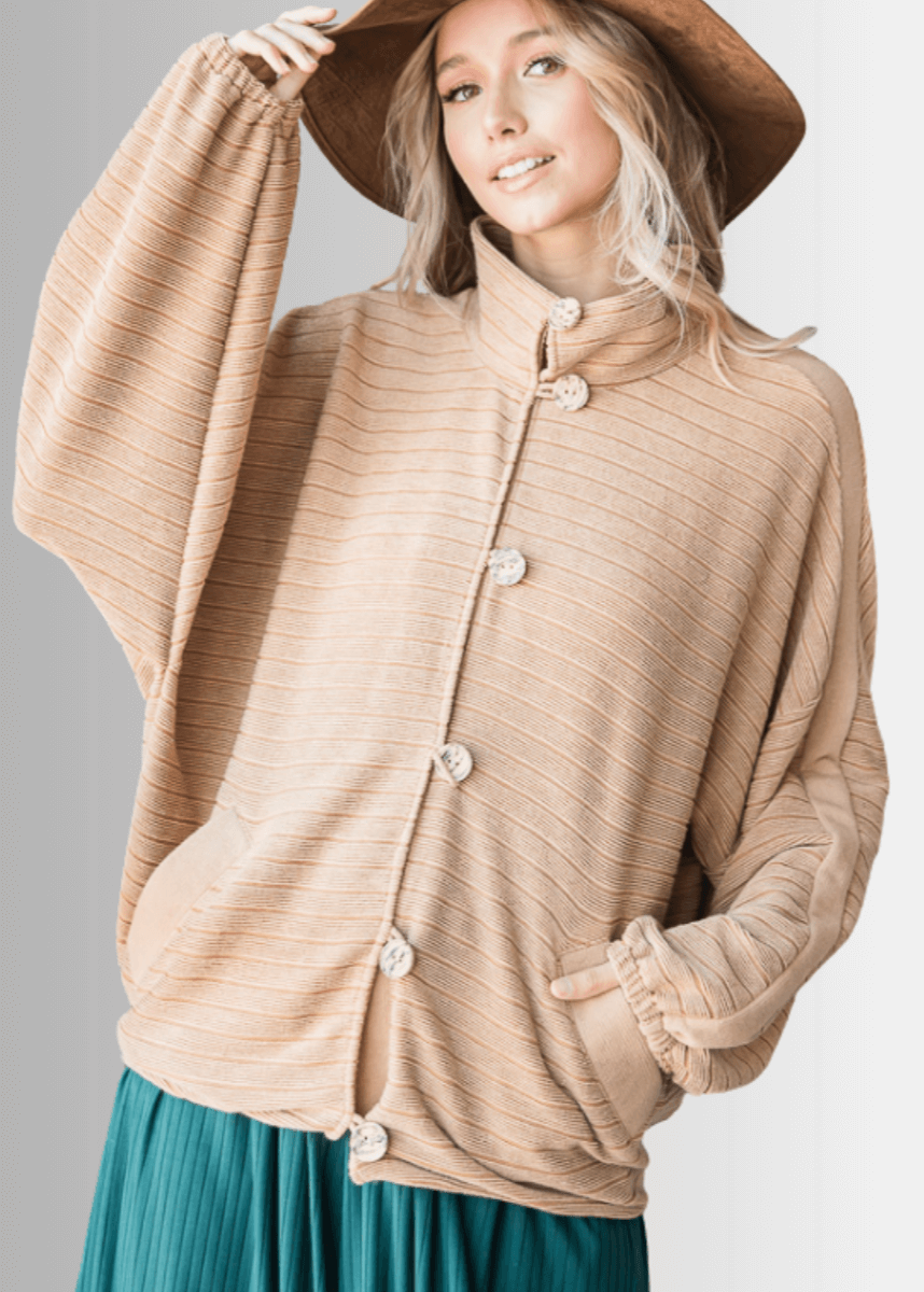 Brand: Bucket List | Made in USA |  Button Down Contrast Detail Lightweight Jacket in Camel | Style T1548 | Classy Cozy Cool Women's Clothing Boutique