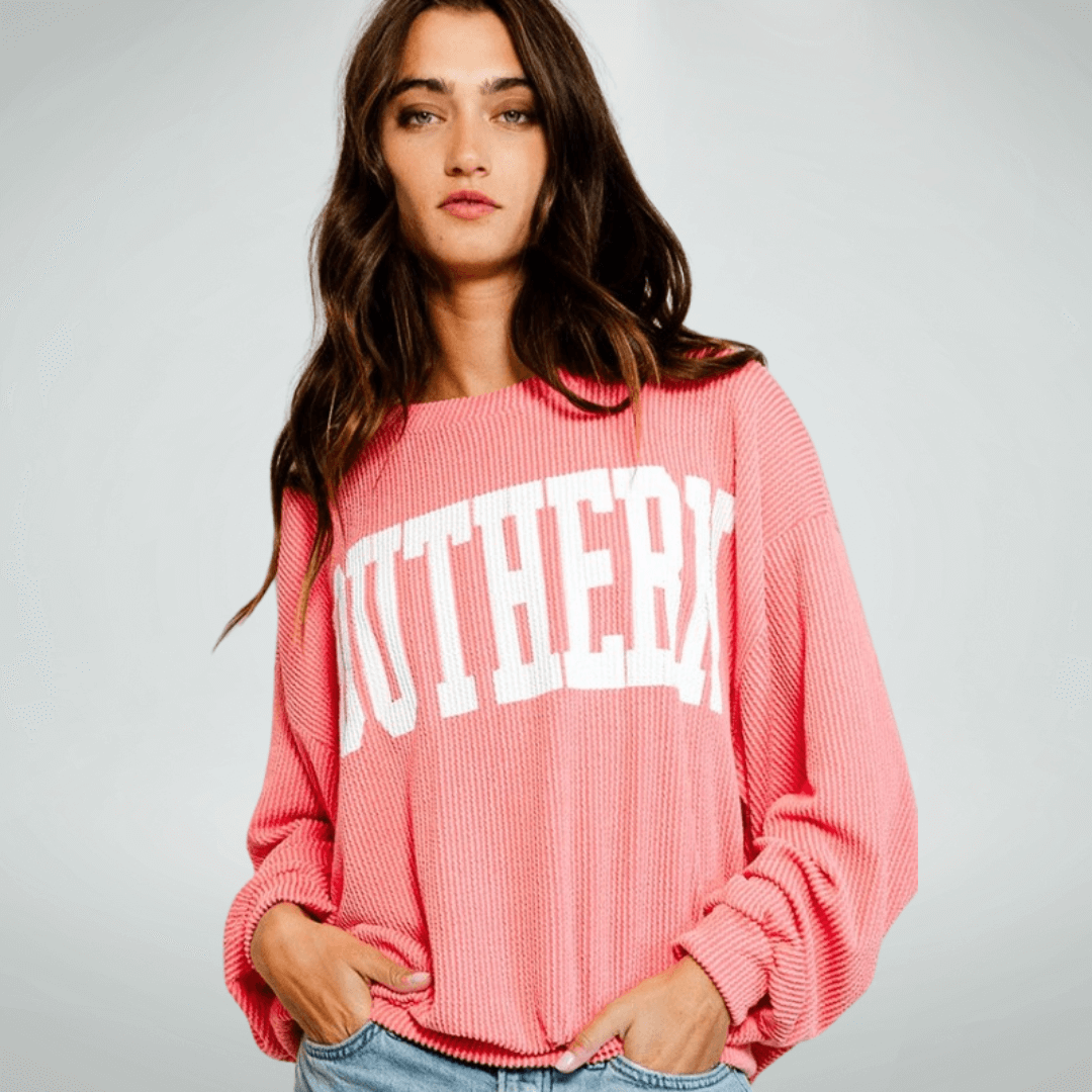 Made in USA Textured "SOUTHERN" Graphic Oversized Game Day Textured Ribbed Sweatshirt in CORAL with Crew Neck and Long Sleeves  | Bucket List Style T1770