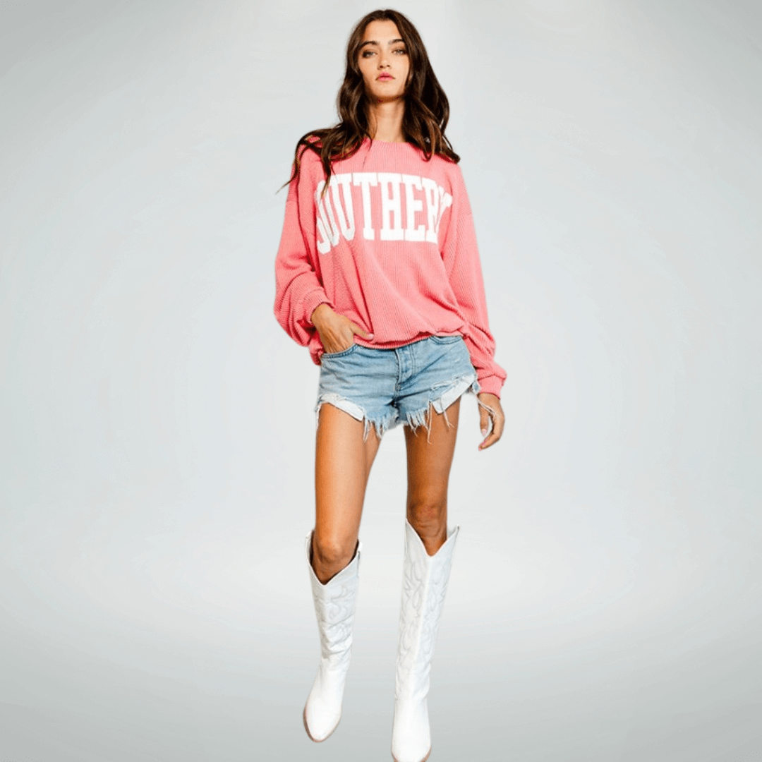 Made in USA Textured "SOUTHERN" Graphic Oversized Game Day Textured Ribbed Sweatshirt in CORAL with Crew Neck and Long Sleeves  | Bucket List Style T1770