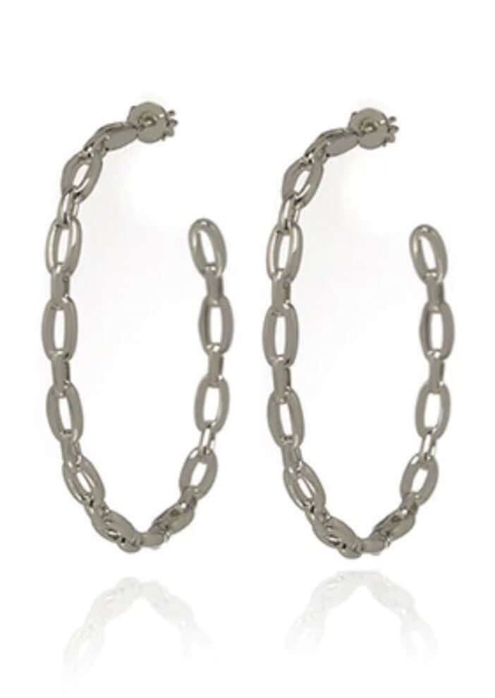 Made in USA, Women's Silver Stacked Link Hoop Earrings by Artist Anuja Tolia is made of Sterling Silver Plated Stainless Steel