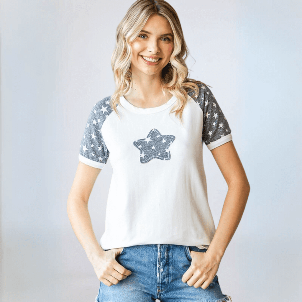 【U LAN】Applique star patch raglan long sleeves Applique star patch raglan long sleeves - U LAN