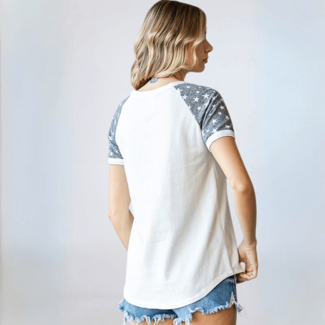 Made in USA Women's Patriotic Star Patch Raglan T-Shirt, Round Neckline, Raglan Short Sleeves, Semi-Fitted, Color Block Patchwork/Contrast, Curved Hem, 92% Cotton 8% Spandex Vintage Blue & Off White 