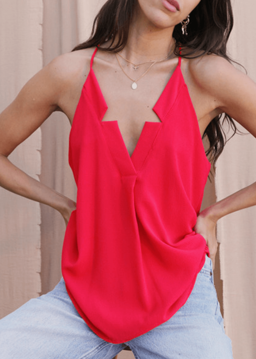 Meet your new go-to tank—the Star Neckline Tank Top in vibrant Tomato Red. Featuring a striking star cutout at the neckline and racerback spaghetti straps.  Made in the USA, it's the versatile piece every closet needs. 