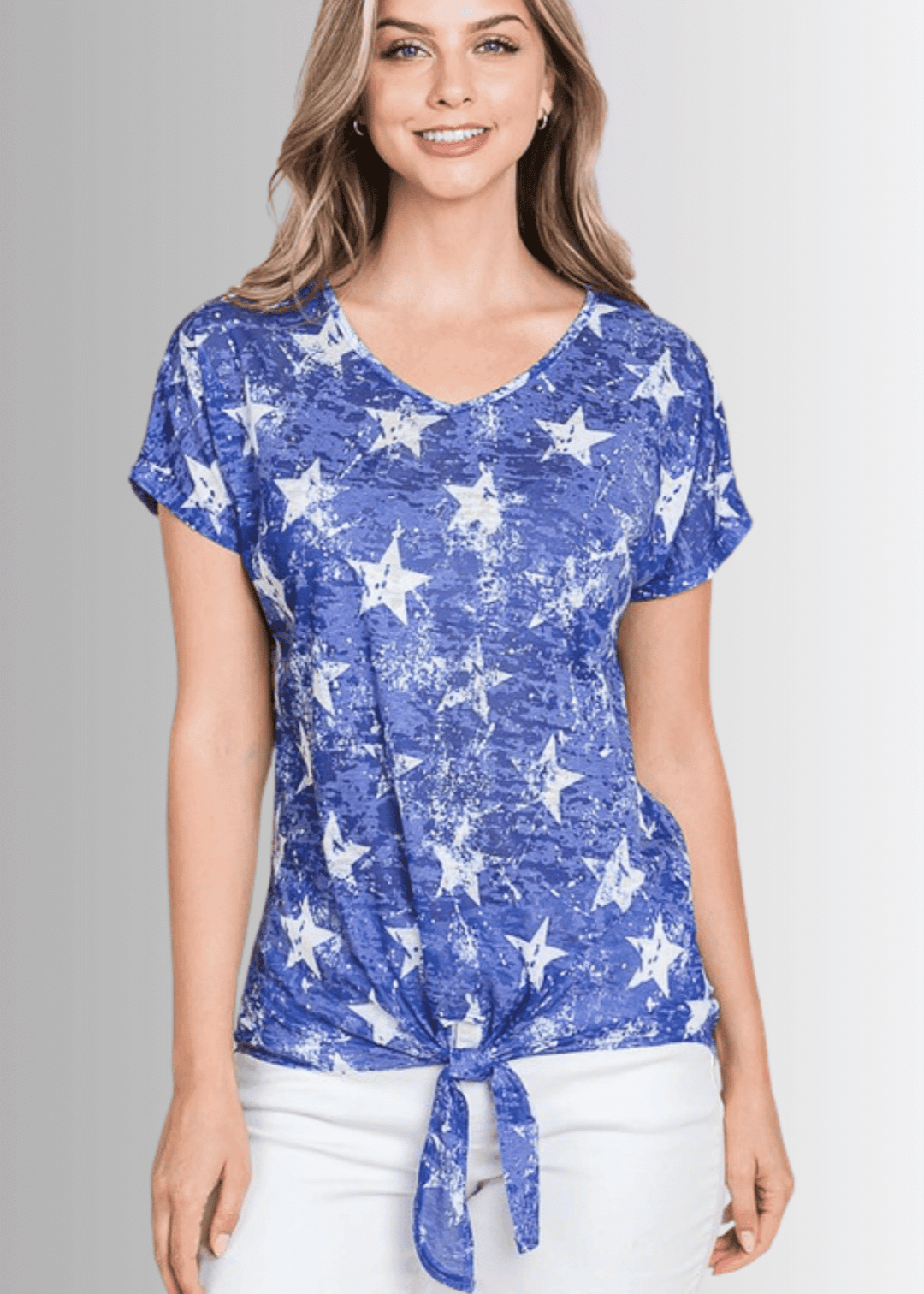 Made in USA Women's Patriotic Star Print Tie Front T-Shirt, Relaxed Fit, Short Sleeves, Burnout Look, Blue with White Star Print, V-Neckline, 60% Polyester 40% Cotton | Classy Cozy Cool Made in America Boutique